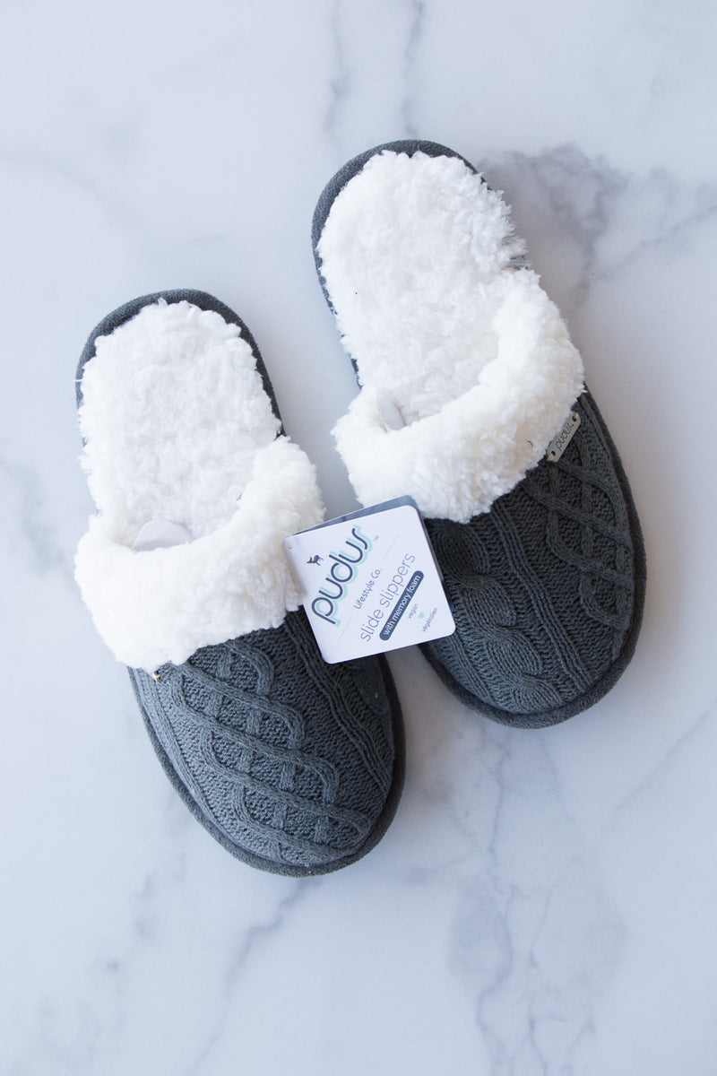 SALE-Pudus-Slide Slippers-Cable Knit Grey