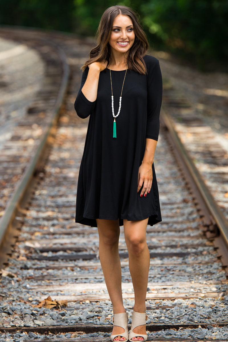 The Perfect Piko 3 4 Sleeve Swing Dress Black