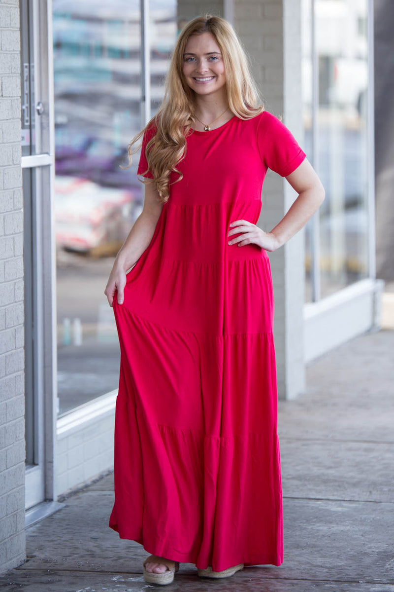 Zenana-Short Sleeve Tiered Maxi Dress