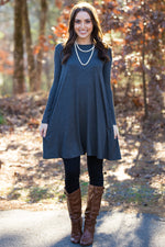 The Perfect Piko Long Sleeve Swing Dress-Dark Heather Grey