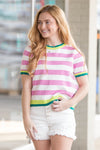 THML-Stripped Short Sleeve Top-Pink