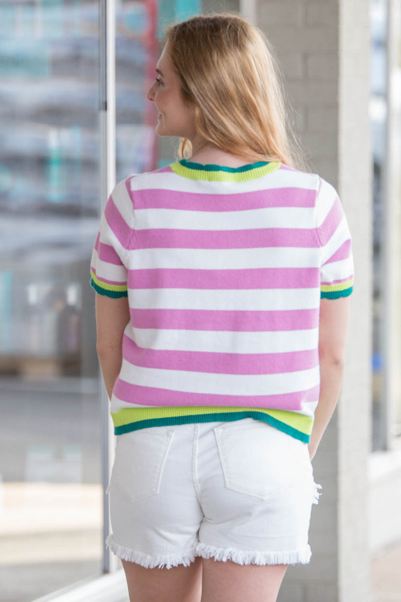 THML-Stripped Short Sleeve Top-Pink