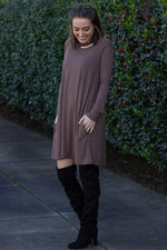 The Perfect Piko Long Sleeve Swing Dress-Brown