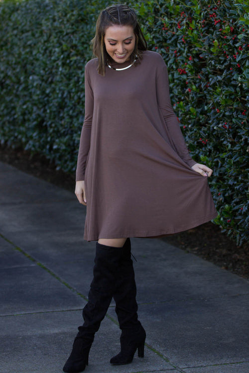 The Perfect Piko Long Sleeve Swing Dress-Brown