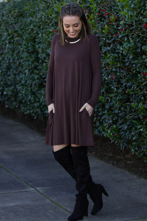 SALE-The Perfect Piko 3/4 Sleeve Swing Dress-Dark Brown Small / Dark Brown SALE-The Perfect Piko 3/4 Sleeve Swing Dress-Dark Brown Small / Dark Brown