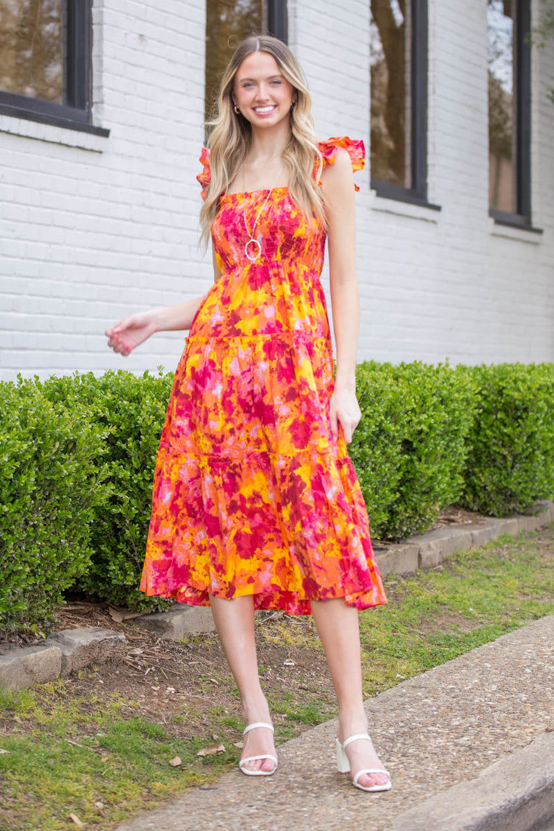 She's On Fire Midi Dress-Orange/Multi
