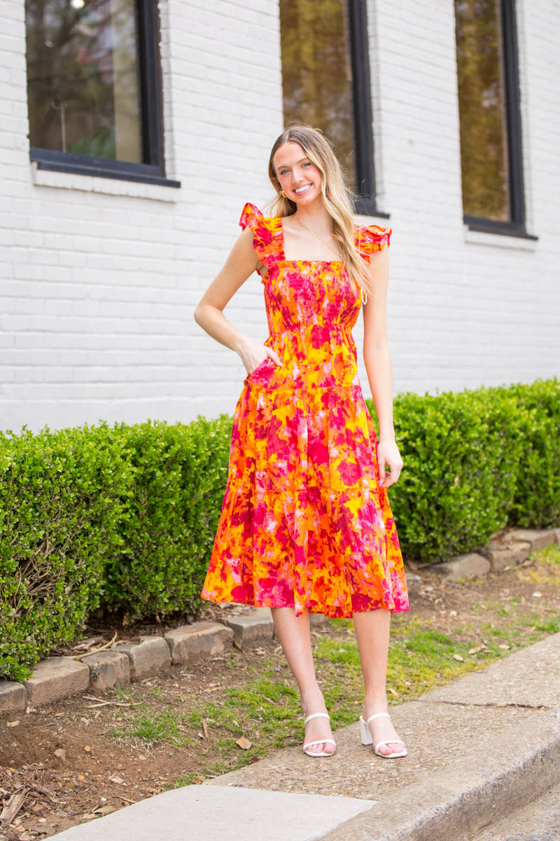 She's On Fire Midi Dress-Orange/Multi