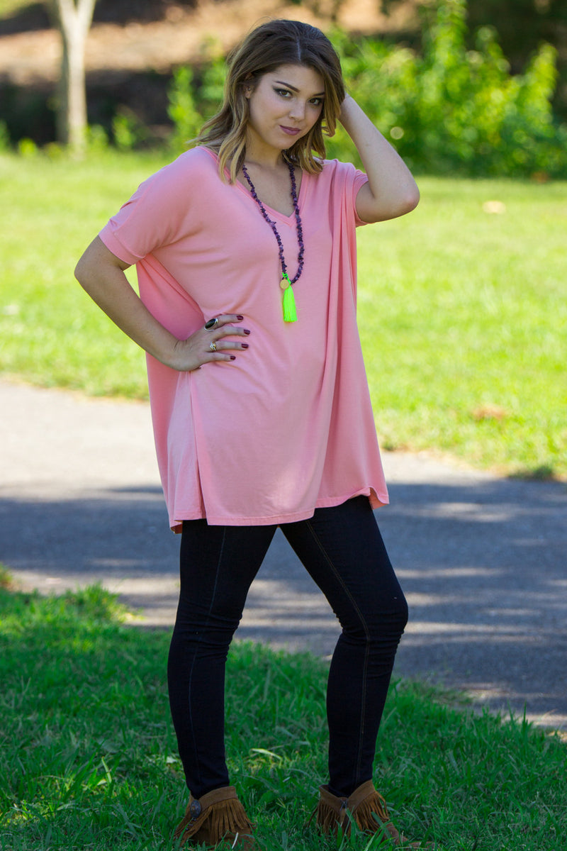 The Perfect Piko Short Sleeve V-Neck Tunic-Peach