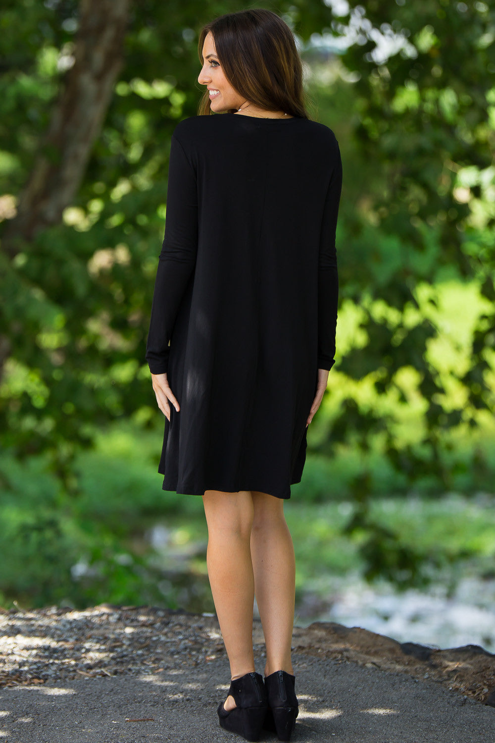 3/4 Sleeve Piko Swing Dress For Women-Black X-Large / Black 3/4 Sleeve Piko Swing Dress For Women-Black X-Large / Black
