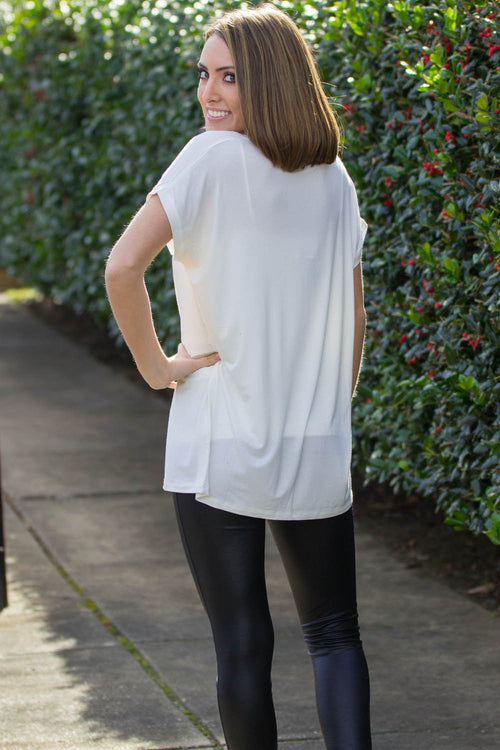 The Perfect Piko Rolled Short Sleeve V-Neck Top-Off White