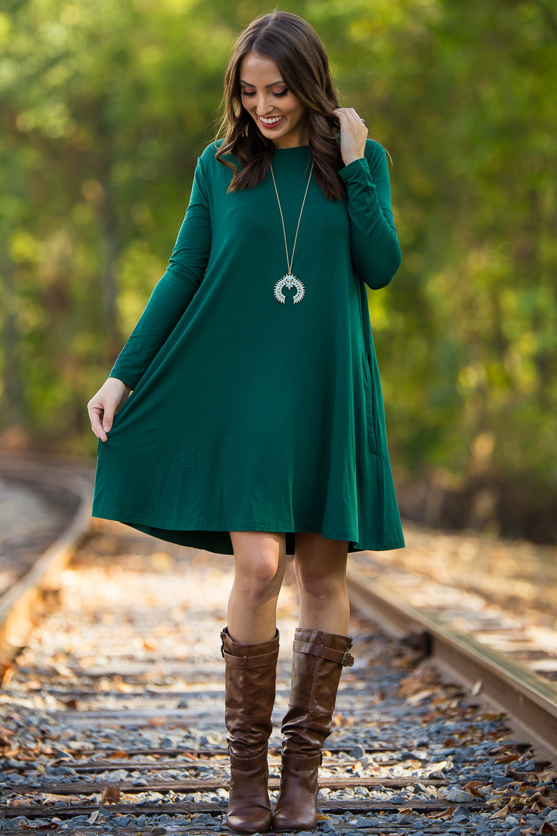 SALE-The Perfect Piko 3/4 Sleeve Swing Dress-Forest Green - Simply Dixie Boutique