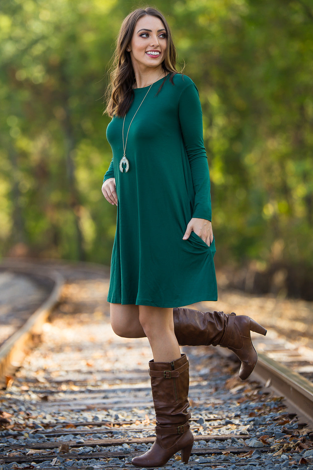 SALE-The Perfect Piko 3/4 Sleeve Swing Dress-Forest Green Large / Forest Green SALE-The Perfect Piko 3/4 Sleeve Swing Dress-Forest Green Large / Forest Green