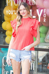 THML-Flutter Sleeve Textured Top-Coral