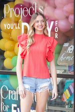 THML-Flutter Sleeve Textured Top-Coral