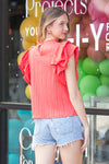 THML-Flutter Sleeve Textured Top-Coral