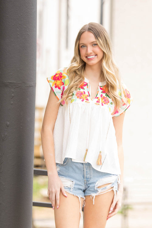 SALE-THML-Embroidered Babydoll Top-White
