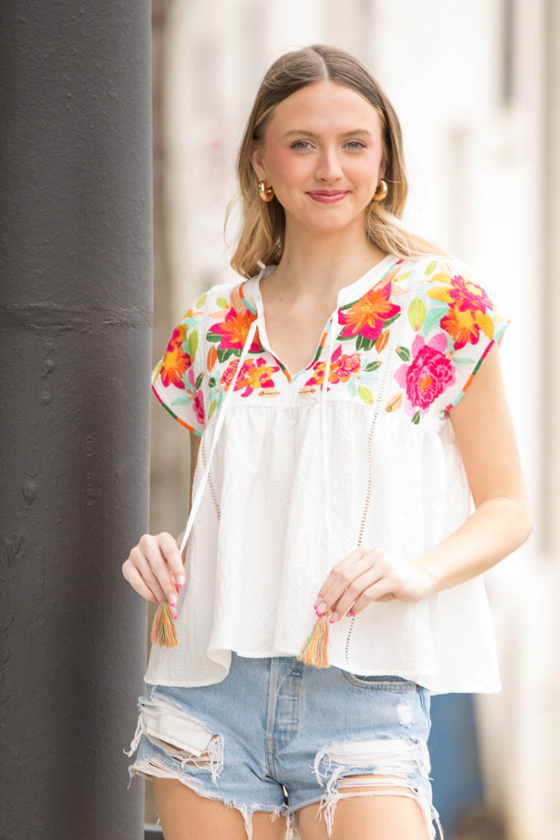 SALE-THML-Embroidered Babydoll Top-White