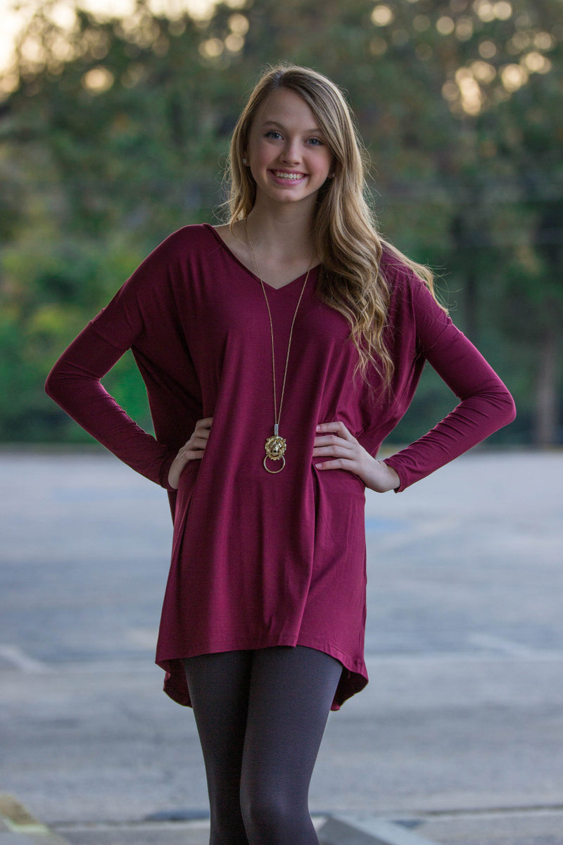 The Perfect Piko V-Neck Tunic Top-Plum
