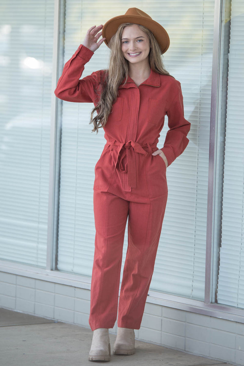 SALE-Falling Into Adventure Utility Jumpsuit - Rust