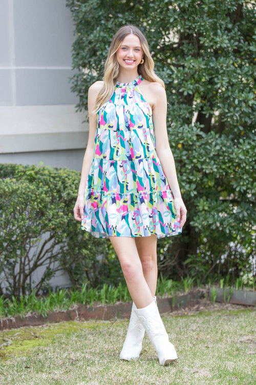 THML-Multi Color Halter Dress-White