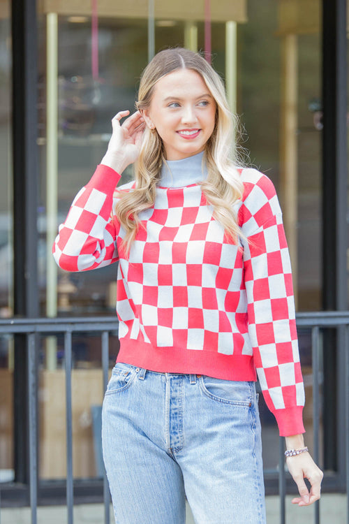 THML-Checkered Sweater Top-Red/Blue