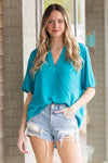SALE- Zenana-Woven Split Neck Short Sleeve Top