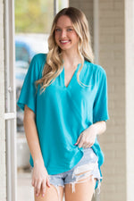 SALE- Zenana-Woven Split Neck Short Sleeve Top