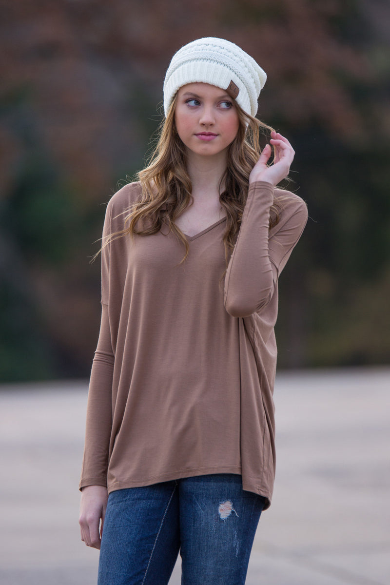 The Perfect Piko V-Neck Top-Mocha