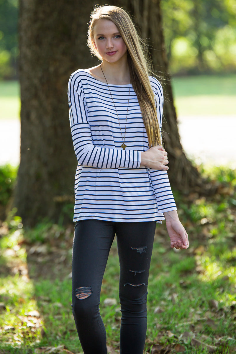 The Perfect Piko Tiny Stripe Top-White/Navy
