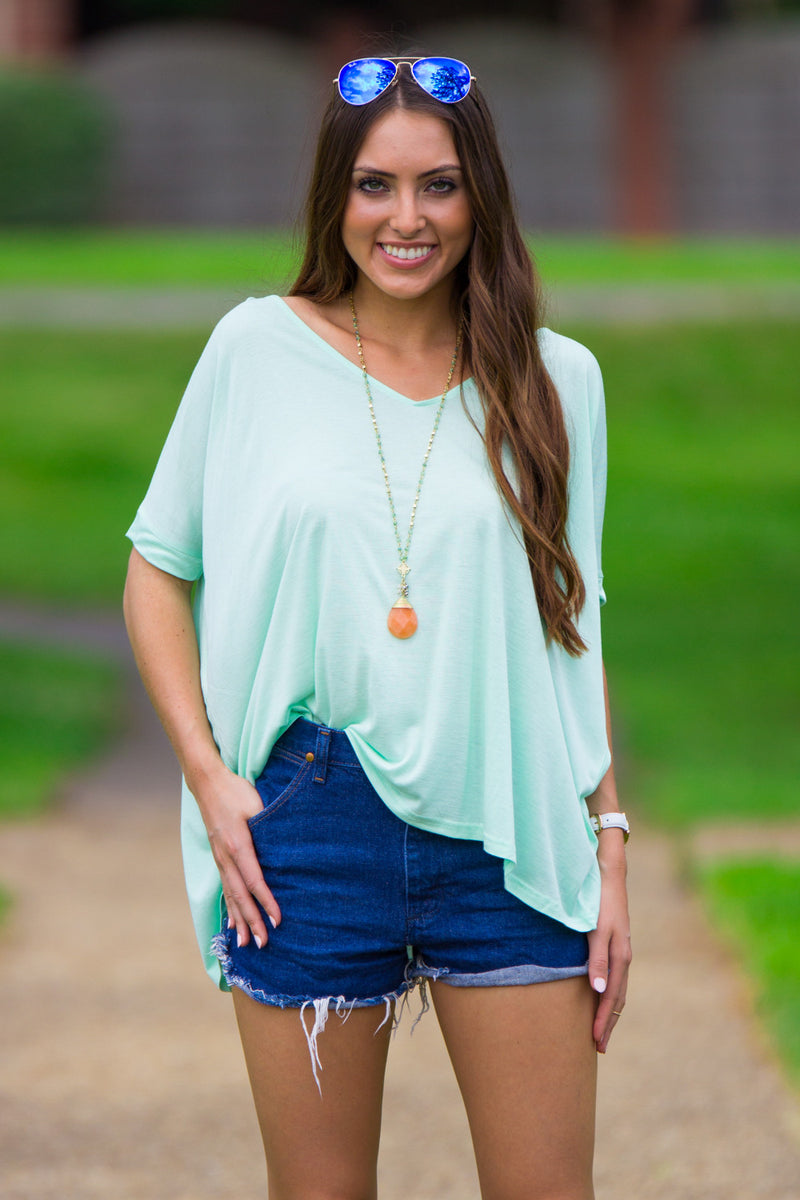 SALE-The Perfect Piko V-Neck Short Sleeve Top-Mint