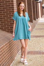 Light Teal Zenana Raw Edge Gauze V-Neck Dress