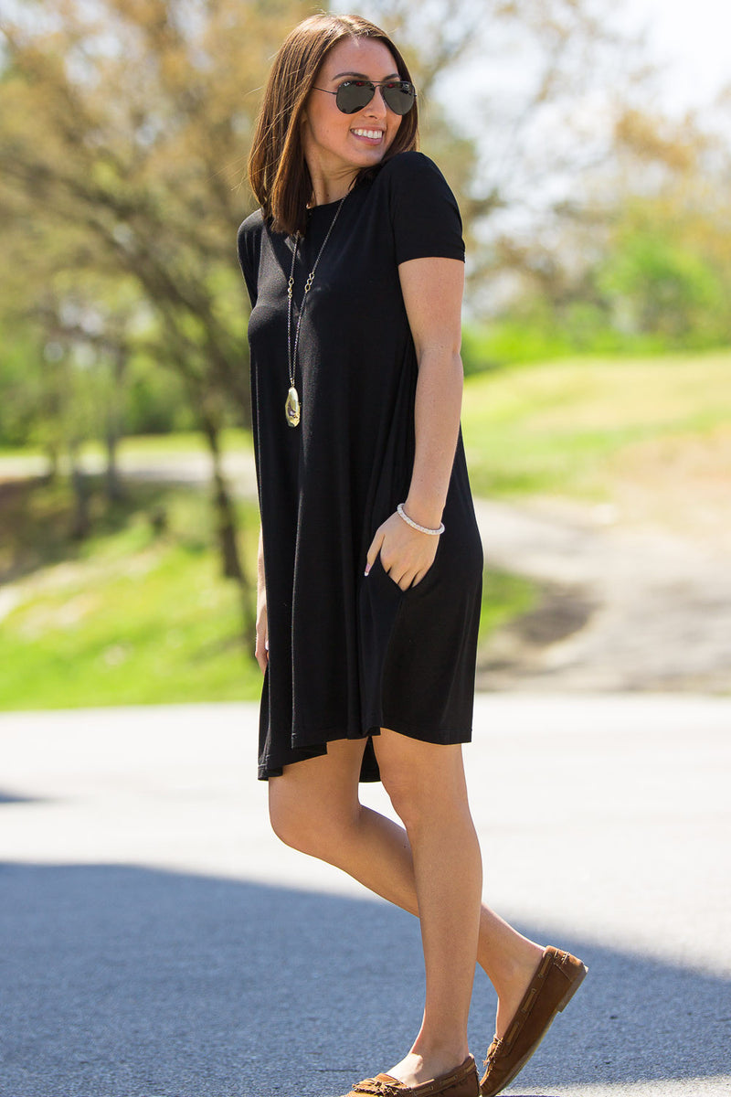The Perfect Piko Short Sleeve Swing Dress-Black