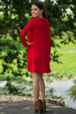 The Perfect Piko Long Sleeve Swing Dress-Red