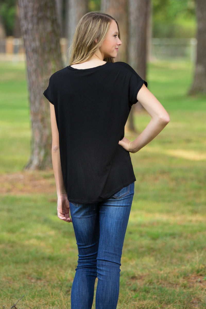 Rolled Sleeve Black V-Neck Piko Top By Piko1988