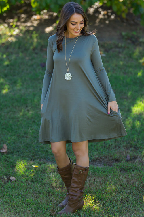 SALE-The Perfect Piko Long Sleeve Swing Dress-Army