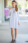 SALE-The Perfect Piko Long Sleeve Tiny Stripe Swing Dress-White/Heather