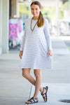 SALE-The Perfect Piko Long Sleeve Tiny Stripe Swing Dress-White/Heather