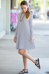 SALE-The Perfect Piko Long Sleeve Tiny Stripe Swing Dress-White/Black