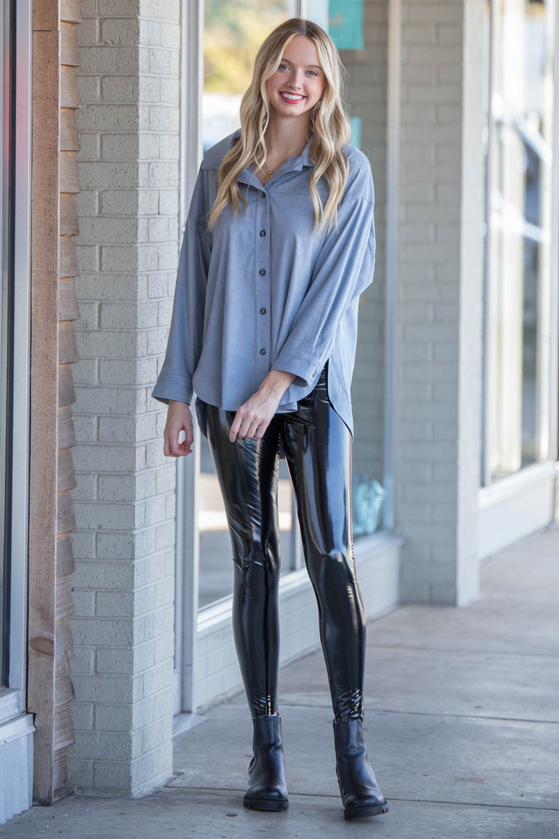 See You Around Shirt Jacket-Dusty Blue