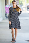 SALE-The Perfect Piko Long Sleeve Tiny Stripe Swing Dress-Black/White