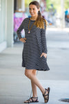 SALE-The Perfect Piko Long Sleeve Tiny Stripe Swing Dress-Black/White