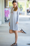 SALE-The Perfect Piko Long Sleeve Tiny Stripe Swing Dress-Heather/White