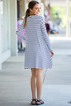 SALE-The Perfect Piko Long Sleeve Tiny Stripe Swing Dress-White/Navy