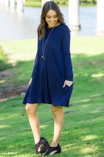 The Perfect Piko Long Sleeve Swing Dress-Navy