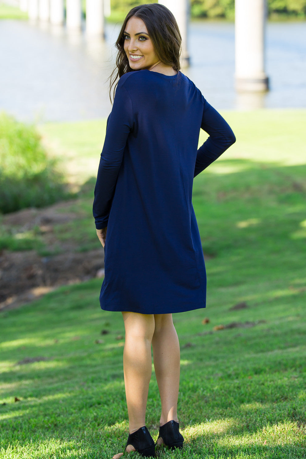 SALE-The Perfect Piko 3/4 Sleeve Swing Dress-Navy Large / Navy