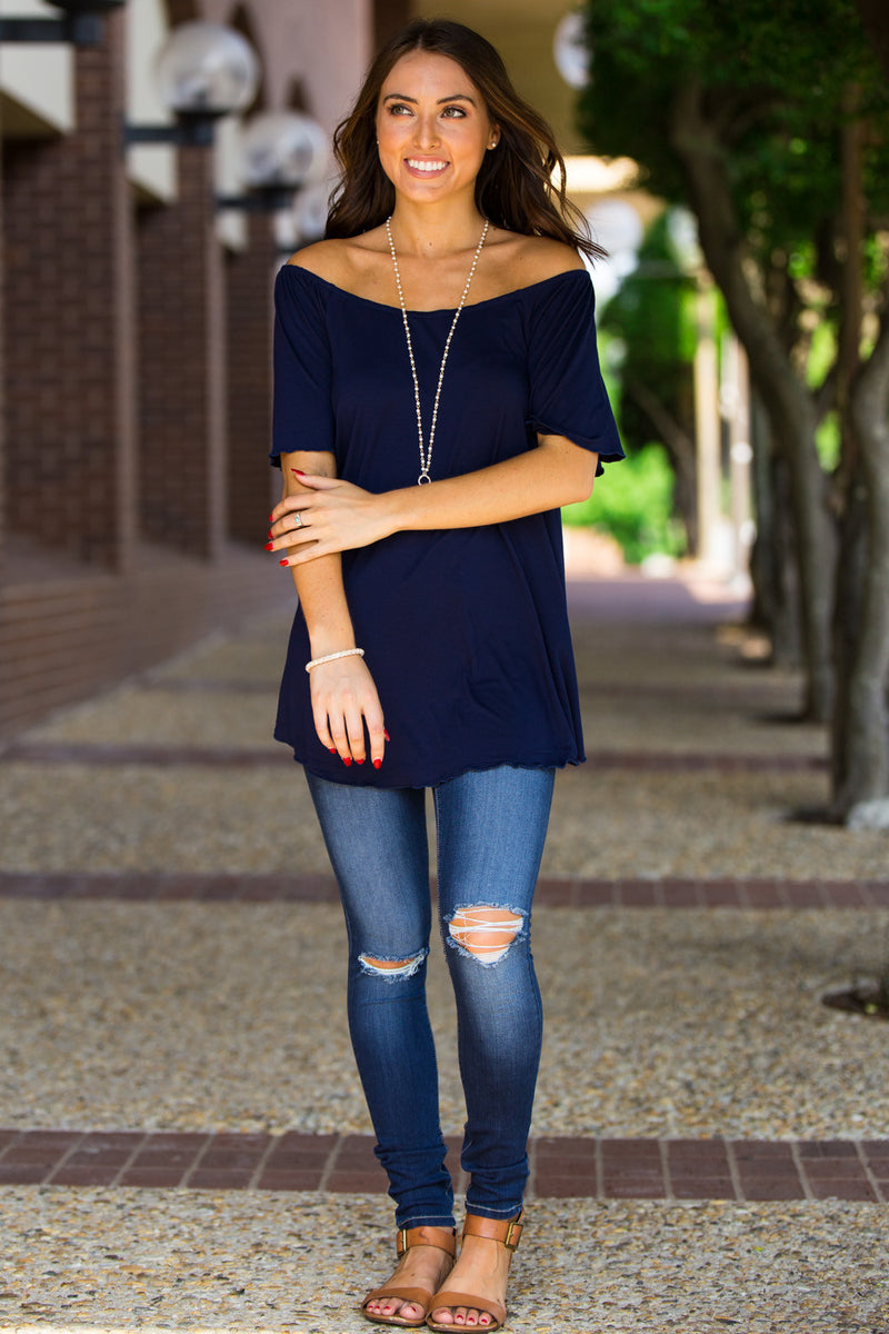 SALE-The Perfect Piko Off The Shoulder Top-Navy