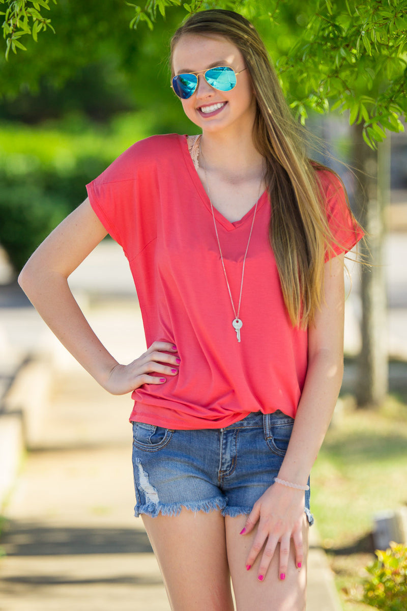 The Perfect Piko Rolled Short Sleeve V-Neck Top-Coral