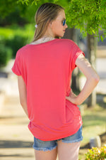The Perfect Piko Rolled Short Sleeve V-Neck Top-Coral