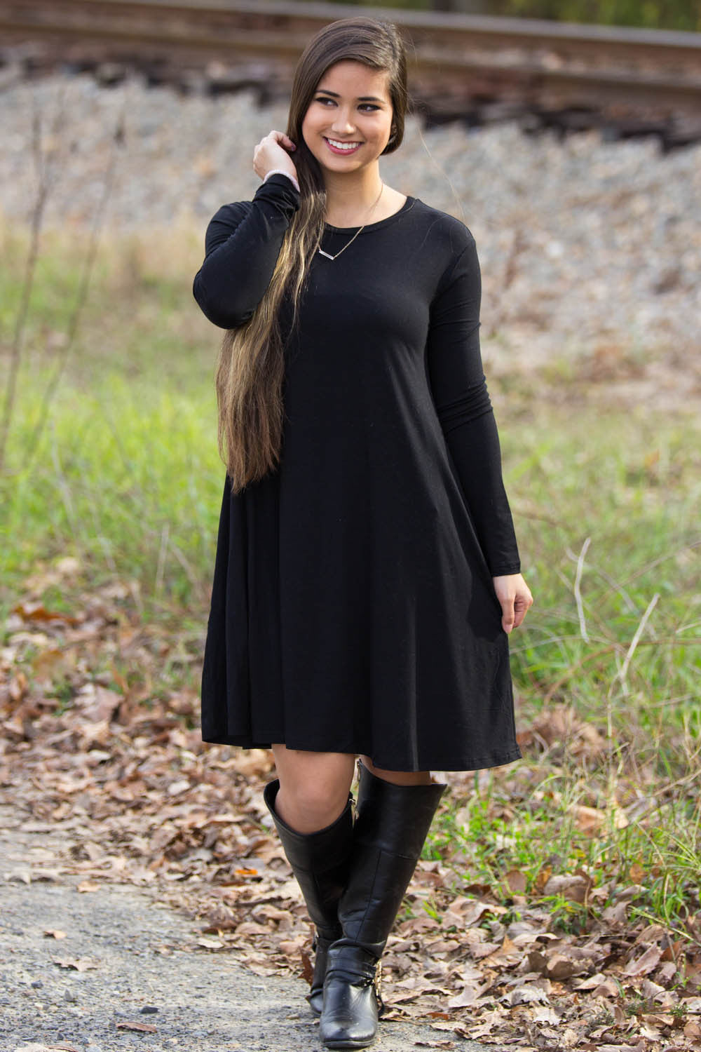 3/4 Sleeve Piko Swing Dress For Women-Black X-Large / Black 3/4 Sleeve Piko Swing Dress For Women-Black X-Large / Black