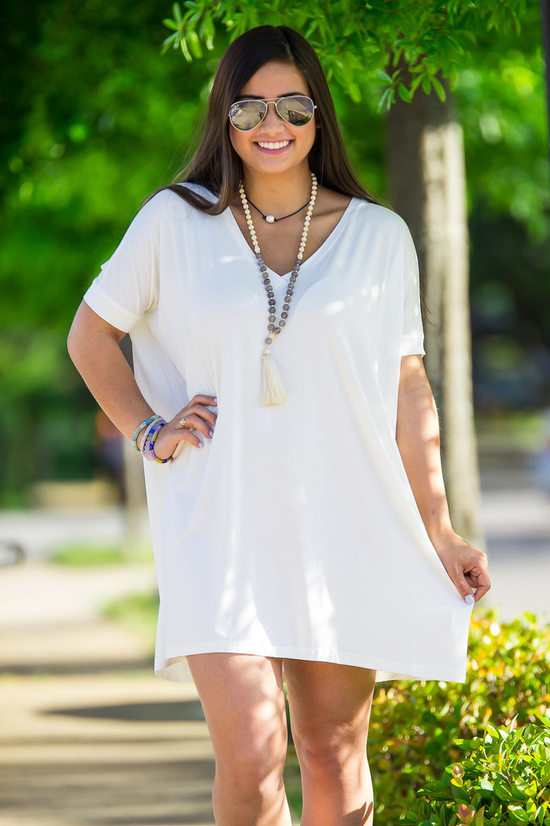 The Perfect Piko Short Sleeve V-Neck Tunic-Off White